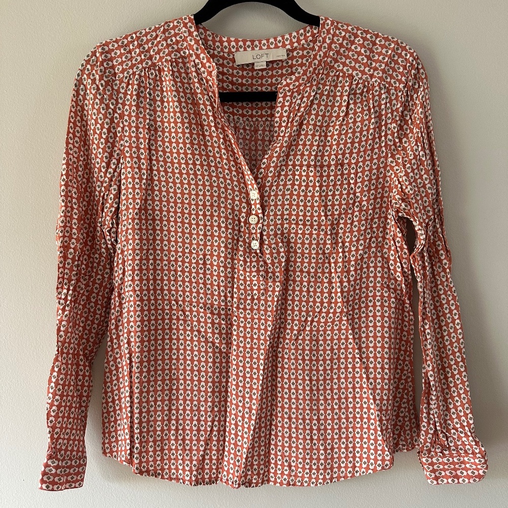 LOFT half button orange geometric design long sleeve blouse Size MP